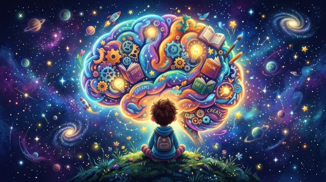 Little boy sitting on a hill looking at a glowing colorful brain in the deep space night sky full of stars

