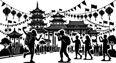 Fototapeta premium Tourists silhouette vector illustration with Chinese architecture, temples, lanterns and flags