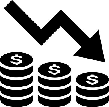 Black financial loss icon with stacks of coins and arrow isolated on transparent background