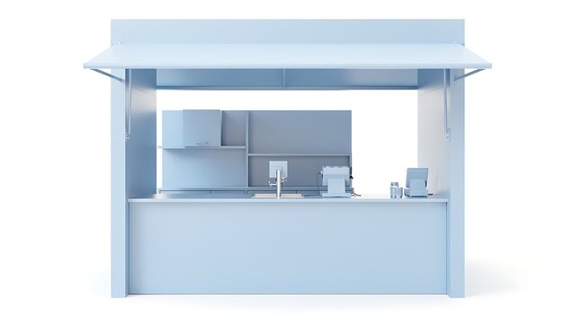 Minimalist light blue 3D render of a modern food stall kiosk or coffee booth with counter sink and cash register isolated on white background for retail business, catering or street market concept