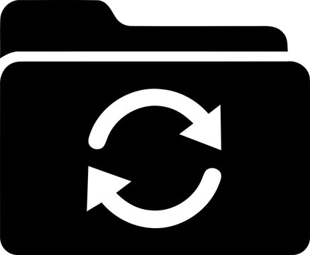 Black folder icon with a white refresh sync symbol isolated on transparent background
