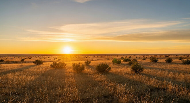 Stunning golden hour sunset casting warm sunrays across an expansive flat grassland dotted with hardy shrubs under a picturesque twilight sky filled with soft clouds