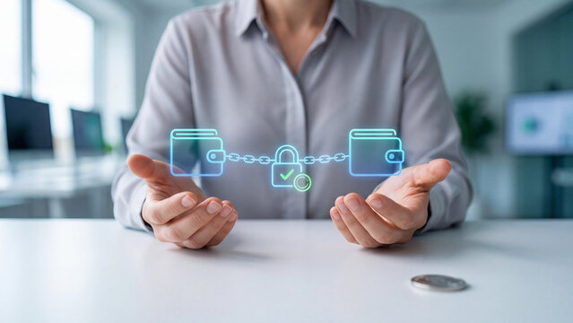 Digital wallet payment and money transfer security concept. Businesswoman with virtual wallets linked by chain and padlock, coin on table for online transaction protection and banking trust