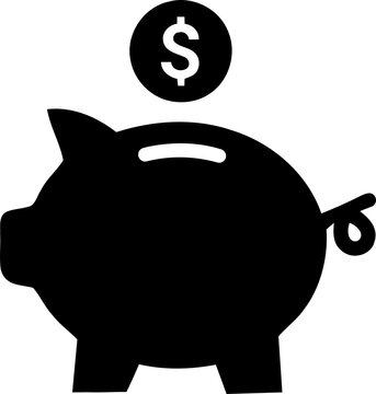 Black piggy bank icon with dollar sign symbol isolated on transparent background