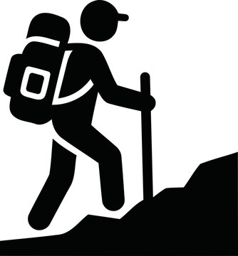 Black silhouette icon of a hiker with backpack walking up isolated on transparent background