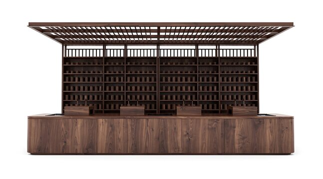 Large minimalist dark wood retail display counter with extensive shelving and canisters, luxury apothecary style furniture featuring a wooden slatted canopy, premium shop fixture isolated on white