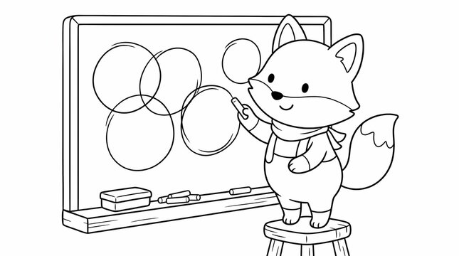 Cute cartoon fox wearing overalls and a scarf drawing circles on a chalkboard while standing on a wooden stool, black and white coloring page illustration.