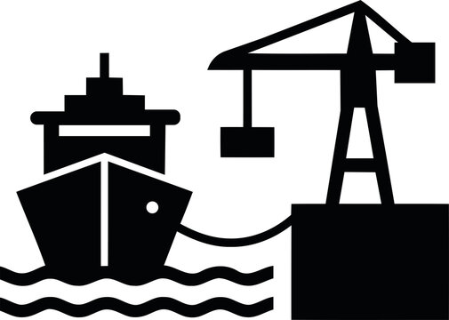 Cargo ship and crane at harbor port icon isolated on transparent background