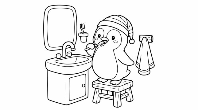 Cute cartoon penguin wearing a nightcap standing on a stool while brushing its teeth in a bathroom, black and white outline illustration for coloring book.