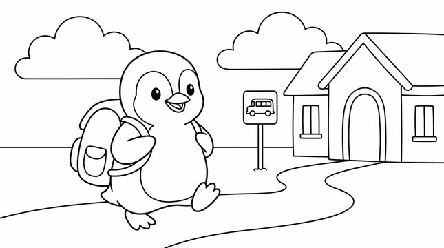 Cute cartoon penguin wearing a backpack walking towards a bus stop in front of a house, coloring book page for kids.