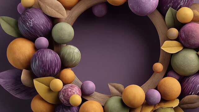 Elegant 3D wreath featuring pastel purple, orange, and sage green spheres with decorative leaves around circular frame with copy space