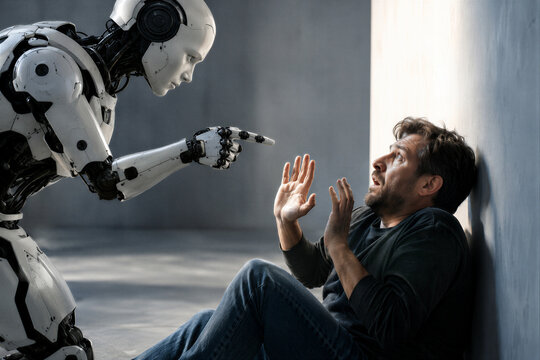 Humanoid robot pointing at a terrified man on the floor representing loss of human control and AI dominance