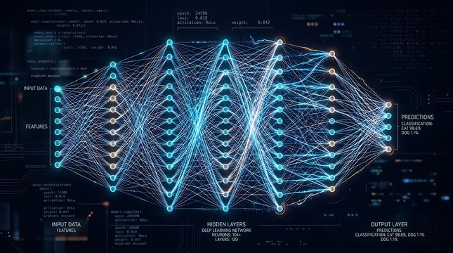 Abstract neural network visualization with glowing blue data nodes and connections