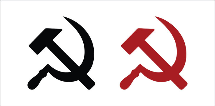 Communist hammer and sickle symbols in black, historical political emblem representing Soviet era ideology, labor, industry and agriculture