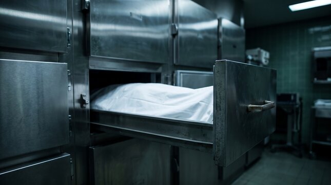 Open Mortuary Freezer Drawer with Covered Body in Dark Forensic Morgue