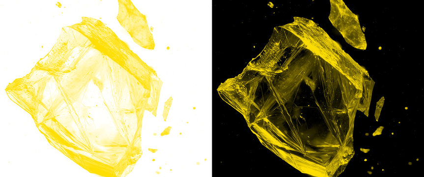 Yellow Broken Crystal Glass Shards Isolated on White and Black Background