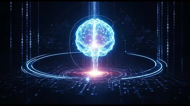 Digital brain animation with glowing neural network connections and data binary stream motion video footage background