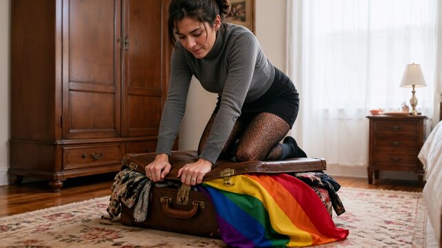 Woman Struggling to Close Overpacked Vintage Suitcase with Rainbow Flag &ndash; Travel Packing and Lifestyle Concept