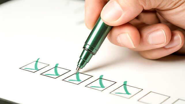 A hand marking checkboxes on a form with a pen for survey voting and selection