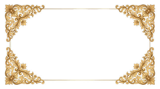 Vintage baroque frame with ornate decorative elements, classic rococo style corner ornaments, elegant golden filigree border design