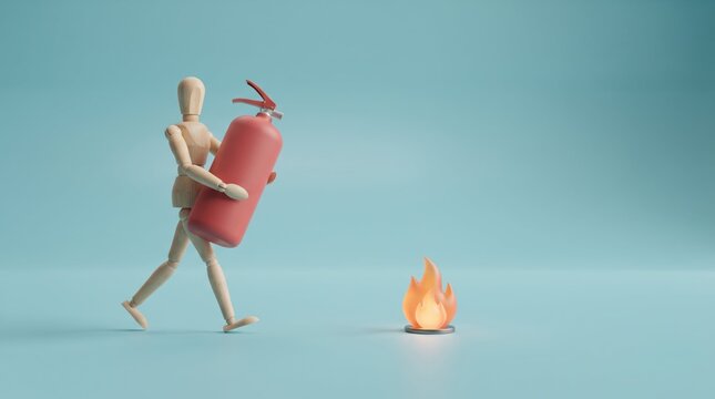 Wooden figure carrying red fire extinguisher near small flame