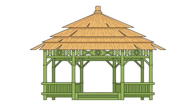 A detailed vector illustration depicts a traditional thatched roof gazebo on a white background thatched roof pavilion