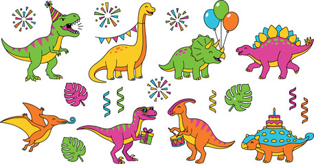 Cute cartoon birthday dinosaur party collection vector illustration featuring colorful prehistoric reptiles with balloons party hats gift box cake and festive confetti © SARIFA