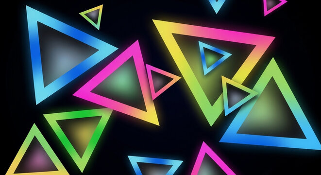 Vibrant neon triangles glow with brilliant multi-colored luminescence across a dark environment, creating a dynamic visual experience featuring geometric shapes and luminous energy in every
