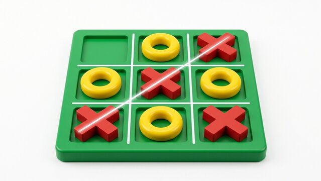 Tic tac toe board game with vibrant red crosses and yellow circles on white background