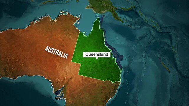 Zooming into the green-highlighted territory of Queensland on a 3D map of Australia