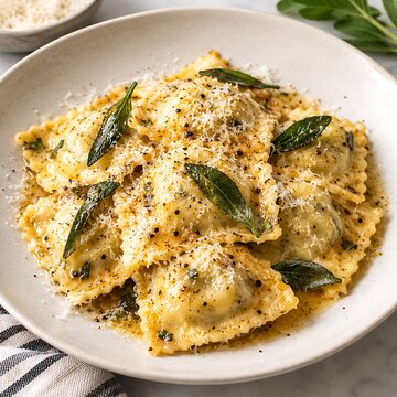 Homemade spinach and cheese ravioli dish garnished with fresh basil on white plate
