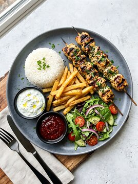 Grilled chicken skewers served on plate with fries, rice, salad, and dips for casual dining presentation
