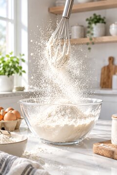 Home baker sifting powder into mixing bowl on modern kitchen countertop with baking ingredients
