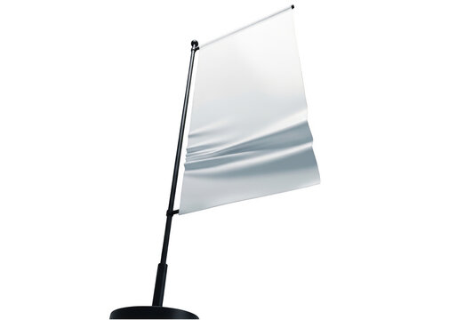 Blank white vertical desk flag on a metal pole isolated on transparent background