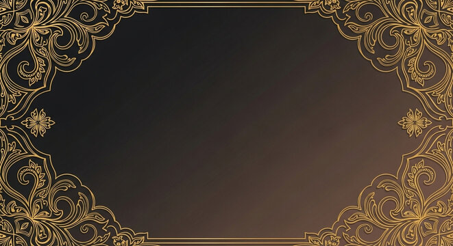 A gorgeous luxury dark brown template featuring ornate gold vintage filigree borders and elegant artistic corner ornaments creating a majestic royal theme for your special celebration