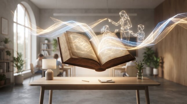 Open book with light silhouettes floating above a wooden table in a cozy room with natural light