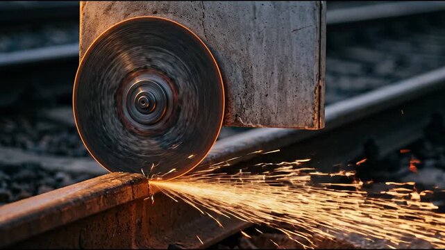 Angle grinder grinding metal beam with bright sparks in a dark industrial metalworking workshop