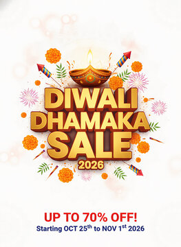 Diwali dhamaka sale 2026 poster with diya and flowers