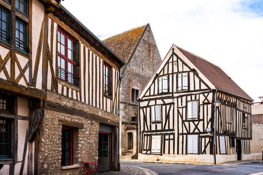 France: charming medieval half-timbered houses located on Rue Couverte in the upper town of the city of Provins, Seine-et-Marne.