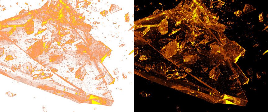 Shattered Amber Glass Explosion Shards on White and Black Background