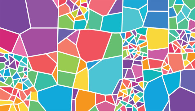 A colorful geometric mosaic pattern features irregularly shaped polygons in vibrant hues abstract arrangement artistic background bright composition contemporary