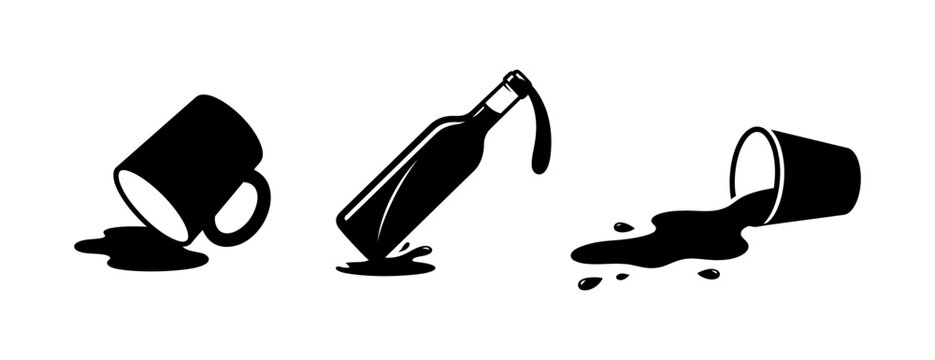 Set of three black silhouettes of tipped over cup and bottle with liquid spill spilled drink spilled coffee broken bottle spill icon black silhouette graphic icon hazard sign