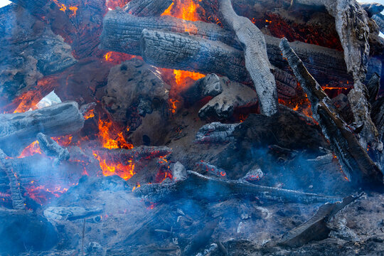 Orange flames rising between burning logs. Flames curling around blackened wood. Flames above glowing embers and ash. Bright yellow flames against charred timber.