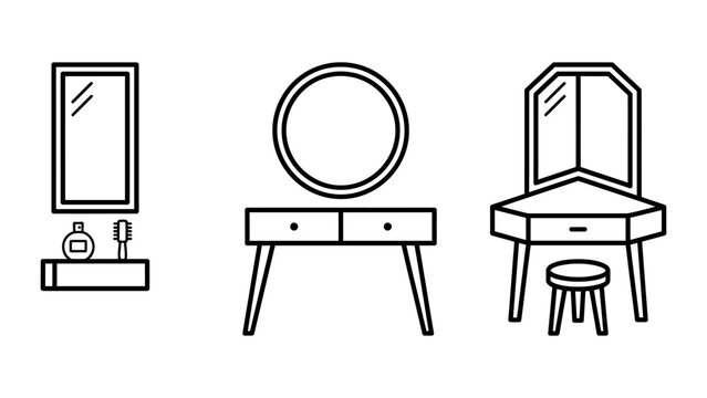 Set of three outline icons depicting vanity mirrors and dressing tables with vanity mirror dressing table makeup station beauty furniture bedroom decor home interior makeup desk