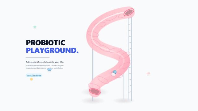 Abstract illustration of a probiotic playground slide, representing gut health and microbiome, with text and small decorative elements