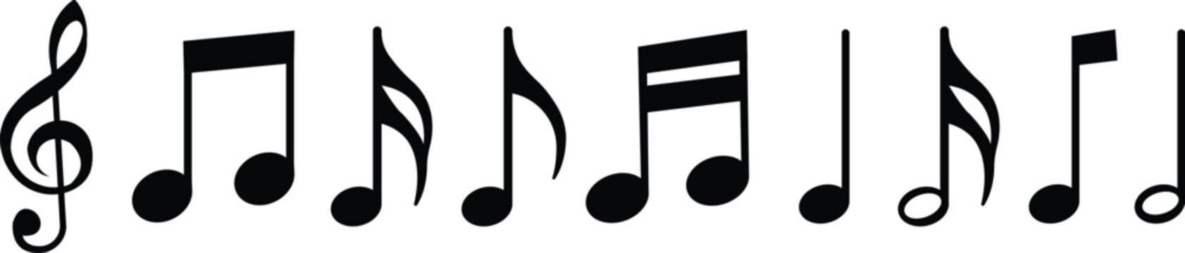 Music notes icon set, song, melody or tune flat or line vector collection isolated on transparent background. Musical key trendy style symbols design element logo template for musical apps and website