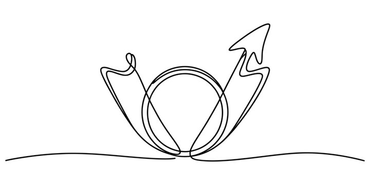 Arrow symbol forming circle and rising up using continuous black line art for growth progress success and business strategy.