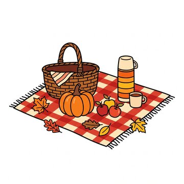 A cozy autumn picnic scene on a red checkered blanket featuring a woven basket, a pumpkin, fresh apples, a hot thermos, a cup, and scattered fall leaves.