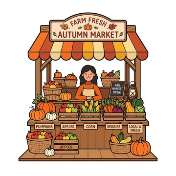 Warm vector illustration of a friendly woman standing behind a wooden autumn market stall filled with fresh pumpkins, apples, corn, and vegetables.