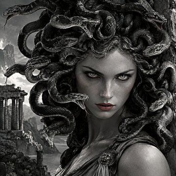 Medusa portrait. Gorgon with living snakes as hair.